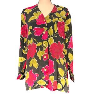 vintage women's button down blouse long sleeve 90s rose print black pink 6